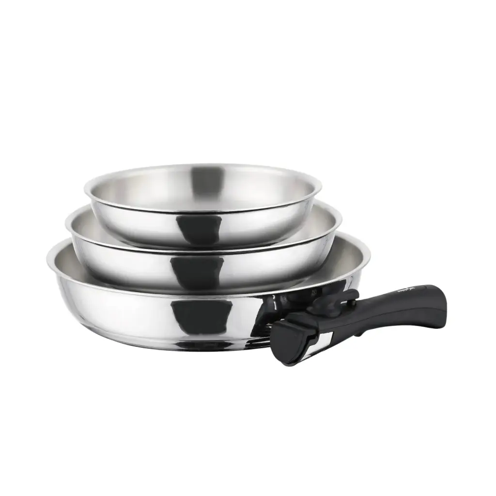 TeCuisine - Lot Coffret de 3 Poêles Inox 18/10 Triply - Empilable & Modulable - 20/24/28 cm